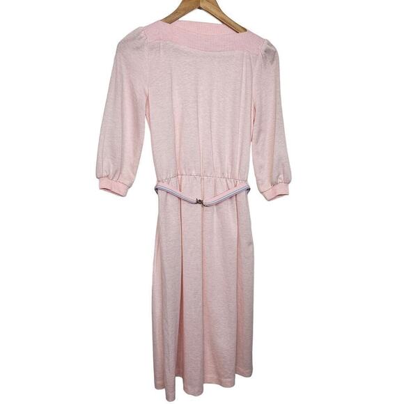 Vintage 80s Dress Size Medium Pink Light Knit Sweater Dress Midi Twee Neutral - Picture 1 of 11